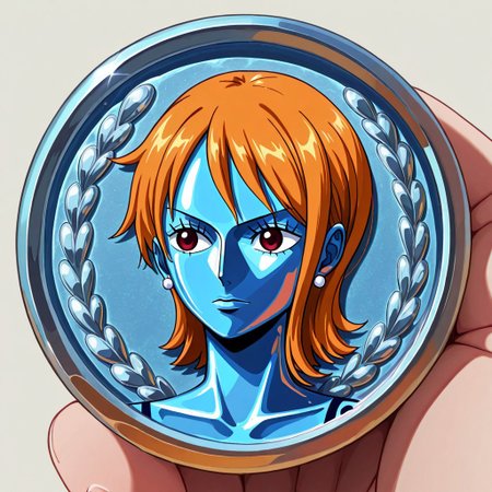 masterpiece, best quality, newest, absurdres, highres, anime, anime style, TheC0in-silver, silver, silver coin, coin, TheC0in, 
1girl, Nami \(one piece\),
made of silver, objectification,