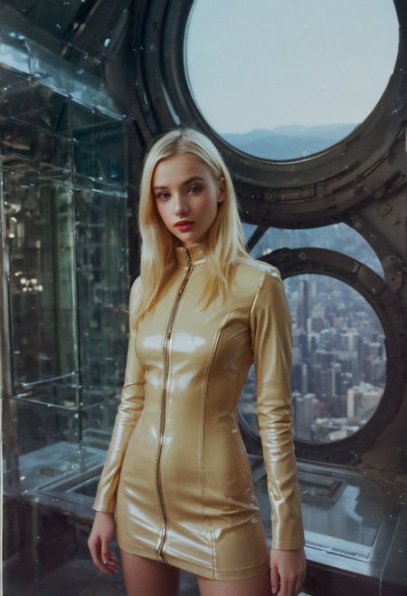 DOLLSKILL style, a young blonde woman, looking at the viewer, full body shot, hero post, she inside futuristic space elevator, the background a thick glass window to a view of planet earth, clear, half earth in shadow, pale flawless skin, young face, delicate feminine features, long blonde hair, tight latex mini dress, glossy lipstick, blushing from embarrassment, realistic dark mascara, sensual pose, tight uniform, the light is warmth illuminates everything, bright sun-lit scene, shot on Polaroid and Hasselblad 120mm medium format