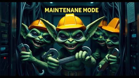 (ultra realistic,32k, ultra sharp,masterpiece:1.2),(high detailed skin:1.1),( high quality:1.1),(ultra high res:1.4), gremlins wearing hard hats and holding wrenches at work in a server frame pulling wires and laughing, long ears, green skin, sharp teeth, evil black eyes,  pixeled text at the top "MAINTENANCE MODE" in the center. data centers, computers, cracked monitors,