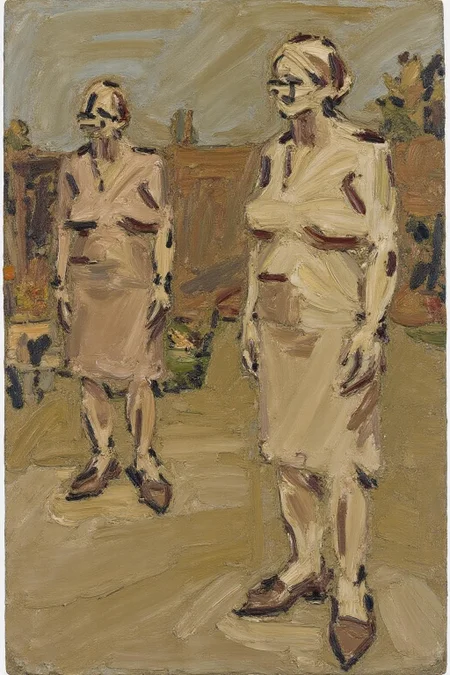 fraauer1 painting rendered in a loose, impressionistic style, using a palette of muted earth tones and soft, textured brushstrokes. The painting depicts a scene of an outdoor setting, possibly a garden or courtyard, with a focus on two figures. In the foreground, a tall, woman stands on the right side of the canvas. The woman, rendered in a muted beige color with subtle variations that suggest different textures and shadows. <lora:fraauer1_cap_d6a3:1.0><lora:811766630456689520:0>