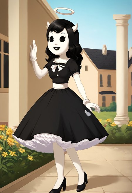 (Masterpiece, best quality:1.2), score_9, score_8_up, flat color, flat shading, soft shading, lighting, Alice Angel in a 1950's dress with a button down top, a fluffy frilly ruffled full petticoat, and high heels, dress, layered petticoat, frilly petticoat, fluffy petticoat, full petticoat, wide dress, flowing dress, long skirt, solid colored skirt, short sleeves, black hair, Bendy and The Ink Machine, series accurate, cute, best high quality, high res, black lips, white colored skin, whole body shot, 1girl, solo, outside, standing straight, in a garden, cute, adorable, smile, low angle shot, cartoon, cartoon style, vector, solo, circle dress, 1950s, alice angel