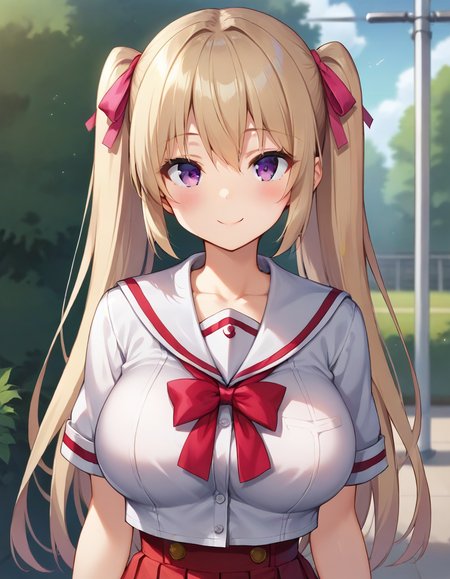 score_9,score_8_up,score_7_up,score_6_up BREAK official art,solo,outdoors,upper body,(portrait:1.5),looking at viewer,facing viewer,smile,blush,Abe Maria,very long hair,light brown hair,twintails,two side up,hair ribbon,pink ribbon,sidelocks,hair between eyes,bangs,purple eyes,collarbone,school uniform,white sailor collar,neck ribbon,red ribbon,serafuku,white shirt,large breasts,underbust,skindentation,impossible clothes,corset,short sleeves,red skirt,pleated skirt,frilled skirt,zettai ryouiki,white thighhighs,loafers,<lora:Abe Maria(stm)-Pony:0.8>,<lora:Smooth Anime Style LoRA XL:0.8>,