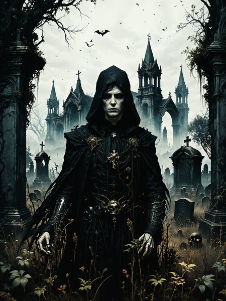 macabre style, digital illustration of Psionic infiltrator extracting information through mental probing, Forgotten, overgrown graveyard with ancient mausoleums in the background,,, dark, gothic, grim, haunting, highly detailed photorealistic, octane render, 8k, unreal engine, art by Artgerm and Greg Rutkowski and Alphonse Mucha   <lora:Misty_Vintage:0.5> <lora:xl_more_art-full_v1:0.5>