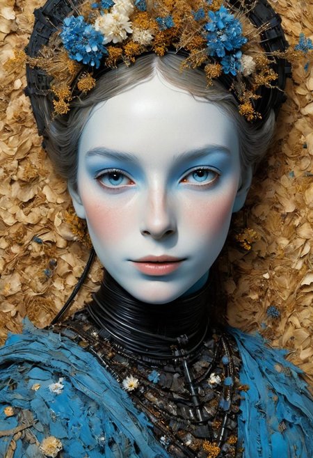 Super Closeup Portrait, natural flower art By Herg: Capturing the essence of nature's elegance, showcase a Borg woman in venetian Dress adorned in dried field flowers, some still delicately tinged with a hint of blue.,