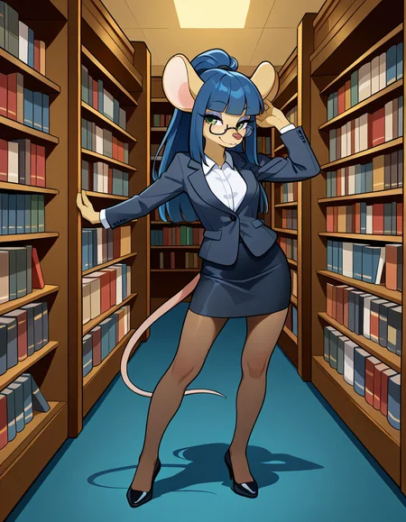 masterpiece, best quality, very aesthetic, absurdres,
indoors, library, 
office lady, pencil skirt, 
full body, standing, posing, 
seductive smile, parted lips, long eyelashes,
<lora:Dewey_Teagarden_v01_NAIXL:1>
D3w3y,1girl,solo,furry,furry female,mouse girl,mouse ears,long hair,blue hair,high ponytail,sidelocks,blunt bangs,green eyes,semi-rimless eyewear,snout,animal nose,body fur,yellow fur,mouse tail,