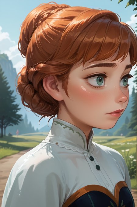1girl, solo, outdoors, upper body, closed up,
 <lora:Anna_-_Frozen_Pony:0.8> Anna, , score_9, score_8_up, score_7_up, source anime, (shiny skin:1.20),