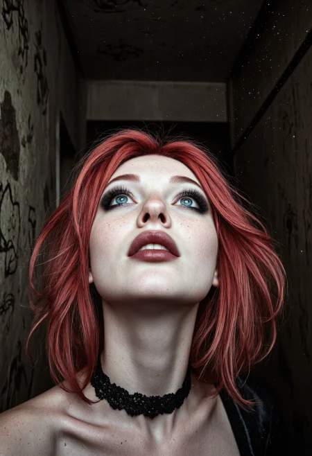 Cinematic low-light photo, closeup portrait of gorgeous pale woman with long red hair in a tousled eccentric style. Her head is tilted upwards to the side with a curious expression of wonder. She is wearing intense makeup dominated by excessive use of black eyeshadow and lipstick. A lace choker can be seen adorning her slender neck. The overall style is unconventional and avant-garde. Her piercing light blue eyes contrast against the dark makeup. The setting is a narrow corridor with occult and alchemical symbols carved into the walls. Volumetric lighting with dust glistening dust particles accentuate the atmosphere of the dark scenery. The image is highly detailed and hyper realistic, its composition asymmetrical and dynamic. Detailed skin with freckles   <lora:flux_SkinDetails_v8> <lora:flux_UltraRealPhoto> <lora:flux_willowwisdom>