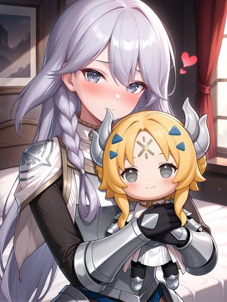 character doll,looking at viewer,upper body,blush,dogmatika fleurdelis,white capelet,white dress,black bodystocking,dogmatika ecclesia the virtuous,gold forehead mark,blue hairclip,silver hair ornament,white cape,silver armor,silver breastplate,silver shoulder armor,bedroom,hugging doll, heart
masterpiece,best quality,amazing quality,very aesthetic,absurdres,newest,<lora:Dogmatika Fleurdelis & Ecclesia the Virtuous illuXL v1:0.75>,