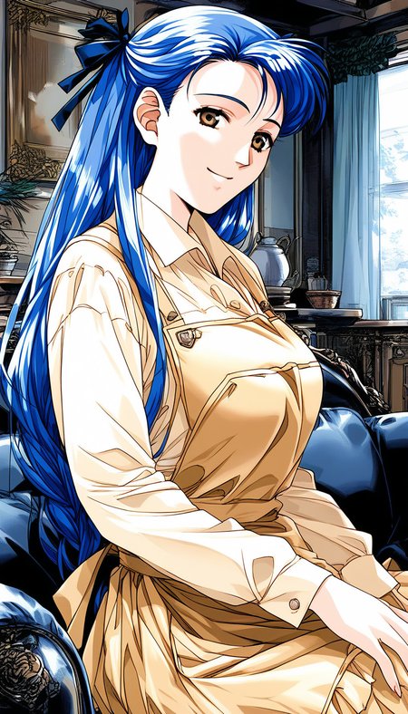 score_9, score_8_up, score_7_up, source_anime, rating_explicit, BREAK  <lora:Narusawa_Misako_XL:1> NarusawaMisako, blue hair, long hair, brown eyes, large breasts,
1girl, solo, apron, braid, skirt, looking at viewer, shirt,  long sleeves, hair ribbon, ribbon, smile,
indoors, couch, shirt, looking at viewer,  long sleeves, skirt, smile, collared shirt