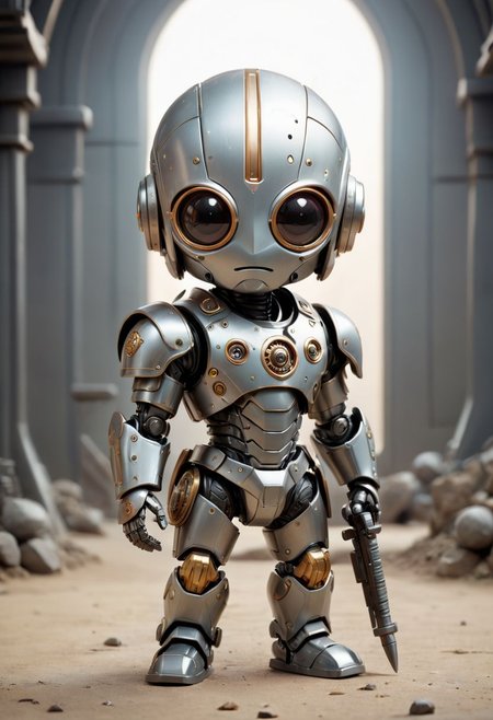 Cute little happy miniature chibi futuristic robot with big comically weapon , wearing armor and plated armor, holding weapon