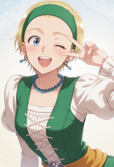 anime screencap, anime coloring,  <lora:DX888Serena:1> serena, blue eyes, blonde hair,short hair, hair slicked back BRAEK green hairband, earrings, dress, juliet sleeves, bead necklace, BREAK simple background,   simple background, lace background, BREAK   1girl, blush, leaning forward, solo,  v, open mouth, happy,  v over the eye, (upper body:1.2), one eye closed, teeth,
