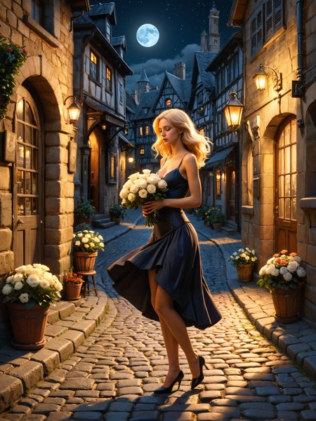 Imagine a charming, sunlit cobblestone street in a small, picturesque town, at the center of this idyllic scene is a woman with smooth blonde hair and smelling a bouquet and holding her skirt, moonlit midnight,  a look of adoration, the background is filled with the quaint townâs unique nooks and crannies, hinting at the many adventures the pair share, the overall mood is warm, peaceful,  the contrasts of super bright moonlight and dark shadows, CG, {4k|8k} HDR