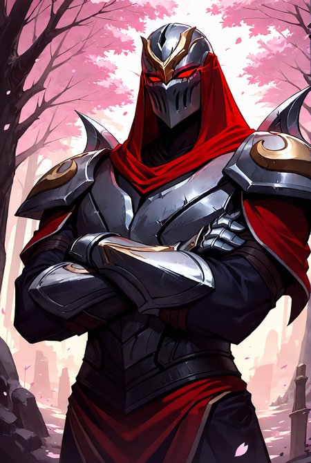 score_9,score_8_up,score_7_up,best quality,ultra-detailed,high resolution,digital painting,8k,1boy,solo,cowboy shot,male focus,detailed face, front view,armor,helmet,red eyes,glowing eyes,gauntlets,pauldrons,standing,crossed arms,cherry blossoms,sakura,<lora:add-detail-xl:1>,<lora:Zed LOL:0.7>,zed lol,