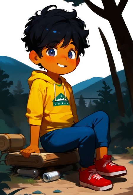score_9, score_8_up, score_8, ((high_quality)), ((Super_Detailed)),  1boy,(max (camp camp),:1.2) solo, hood, blue hoodie,chubby, yellow shirt, blue pants, red shoes, (curly black hair,:1.2) dark skin ,cute, chibi, small body, cartoony, cartoon style, (by ardidon:1.2),max ((Super_Detailed)),camp background, cartoony, cartoon style, (by ardidon:1.2),max, dynamic angle, side view, view from the side, full body, excited face, fear face, blushing, digital art, c4toony style