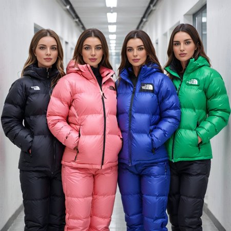 group of irish professional women wearing a tnf_nuptse jacket and   downsuit puffer_downsuit , hyperdetailed photography,4k textures,intricate details,4k resolution,  <lora:puffer_downsuit_v1:0.6> school corridor scene 
 <lora:pufferdown_tnf_nuptse:0.6>