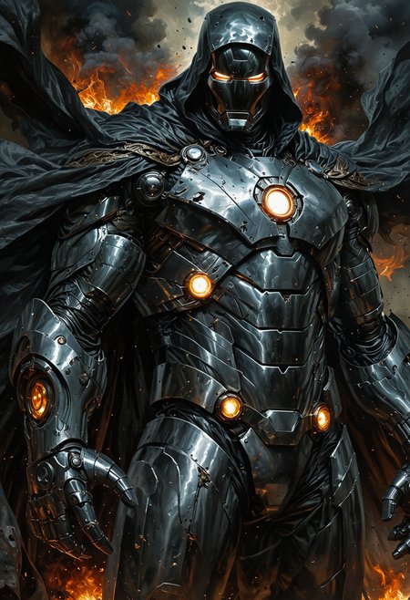 A grimly imposing Iron Man as Doctor Doom, cloaked in shadow, hooded and mysterious. The formidable figure looms, metallic armor melded with dark sorcery, creating a hauntingly powerful presence. This evocative image, likely a painting, showcases a unique and captivating merging of two iconic comic book characters. The intricate details, from the billowing cloak to the menacing hood, are rendered with stunning realism and depth. The intense atmosphere and expert craftsmanship make this imagery truly mesmerizing.
OverallDetailXL  <lora:SDXLFaeTastic2400:0.4>  <lora:DetailMaximizer:0.7> detailmaximizer <lora:MJ52:0.3>