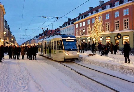 Copenhagen downtown in winter, christmas, people, tram, snowy, dusk, crowd, raw style, wide shot