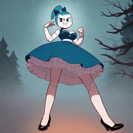 (Masterpiece, best quality:1.2), score_9, score_8_up, flat color, flat shading, soft shading, lighting, Jenny Wakeman as an adult, (((in a 1950's full length formal dark blue dress, a white belt, a fluffy frilly ruffled full white petticoat, and black high heels))), dress, layered petticoat, frilly petticoat, fluffy petticoat, full petticoat, detailed petticoat, wide skirt, detailed outfit, flowing skirt, (((long skirt))), (((solid dark blue colored dress, black high heels))), blue hair, series accurate, cute, best high quality, high res, robot, humanoid robot, (((giant breasts, cleavage))), whole body shot, 1girl, (((solo, outside, in a dark creepy forest, at night, heavy fog surrounding her, fog, heavy fog, looking at you, low angle))), (((evil, evil smile, determined evil eyes, posing gracefully and evilly))), low angle shot, cartoon, cartoon style, vector, solo, circle dress, 1950s, dance dress jenny, jenny wakeman, 1girl, solo, robot joints, black eyes, white skin, ponytail, hair bow, blue rose chest corsage, poofy dress, blue hair, flat lighting,