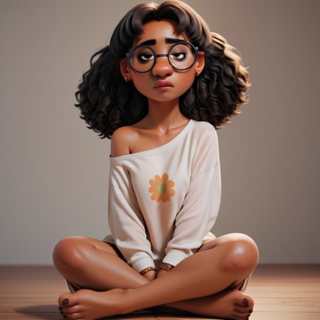 score_9, score_8_up, score_7_up, score_6_up, score_5_up, score_4_up, 1girl, priya, dark skin, sitting on the floor, barefoot, glasses , loose shirt, exposed shoulders