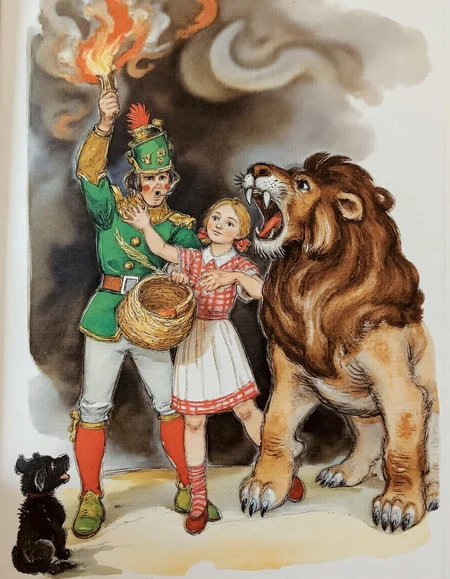 <lora:lv:1>, This image is a watercolor painting depicting a dramatic scene from a historical or fantasy setting. The central figure is a man dressed in a green military uniform with a red sash, standing on the left side of the image. He holds a torch high in his right hand, which is ablaze with a bright flame, casting a warm glow around him. His left hand rests on the shoulder of a young girl dressed in a red and white checkered dress, who is holding a basket. Behind them, a large, roaring lion stands on the right side of the image, its mane flowing and its mouth open, emitting a fiery breath. The lion is positioned to the right of the man, and the girl is positioned slightly behind the man. In the foreground, a small black dog stands, looking up at the man. The background is a mix of dark and light tones, suggesting a night or stormy scene, with swirling clouds and a hint of a dark, ominous sky. The textures in the painting are soft and detailed, with a blend of warm and cool colors creating a vivid and dynamic composition. The overall style is reminiscent of 19th-century illustrative art.