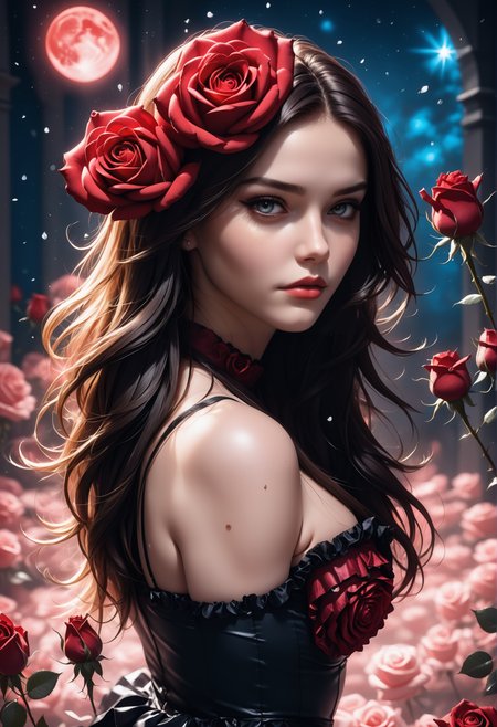 1woman is starleij, wearing a red ruffled dress with rose hair accessoire <lora:StarleijSDXL-000001:0.7>, red rose dress, icy blue eyes, freckles, ruffled choker with red roses flowers,, long wavy hair,, dress made out red roses made of pam-flwr <lora:SDXL_FLOWER_STYLE:0.9>, a reij-mg outdoor room, neon light  <lora:reij-moderngothic:0.8>, heijzel, <lora:HeijzelSDXL:0.75>, very seductive, red lips, sexy, selfconfident and cute looking to viewer, scenery detailed with red roses and stardust