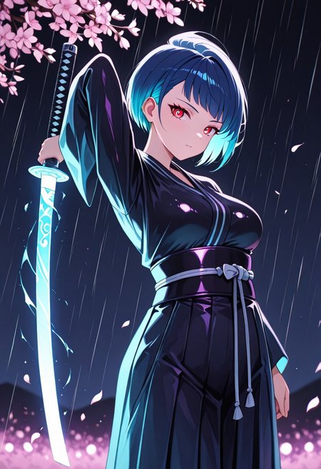 masterpiece, best quality, good quality, very aesthetic, absurdres, newest, 8K, depth of field,  in the style of cknc, artist:moriimee, in the style of cksc, 
1girl, short blue hair, shaved sides, red eyes, medium breasts, firm, armored kimono, glowing katana, glossy skin, striking pose, looking at viewer, from side
BREAK
neon-lit dojo, cherry blossoms, rain falling
BREAK
cool tones, neon glow, high contrast, reflective surfaces, rich details, intense atmosphere