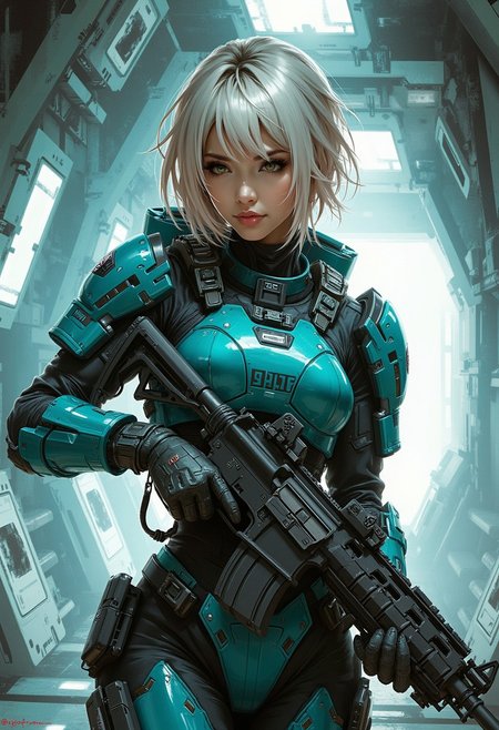 A digital painting in the style of ck-js,  portrait of a stunning chinese space marine, short bleached hair, bangs, wearing teal power armour, aiming assault rifle, standing on corridor of derelict spaceship