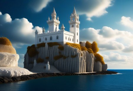 a (white stonework castle) on a (rock spire) in a bay, (stone pier, Mole, Jetty), battlement, crenellations, Machicolations, rough sea, blue sky, clouds, sun beams, best quality, high Contrast,  masterpiece, realistic, photo-realistic, amazing, finely detail, ultra-detailed, highres, extremely detailed, 8k wallpaper, wizz style