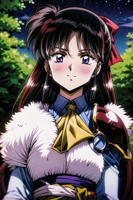 best quality 1girl Setsun4 solo long hair,  (night time) forest background black hair very long hair purple eyes multicolored hair armor, small, (fur trim) (medium body),<lora:EMS-179-EMS:0.800000>,<lora:EMS-293862-EMS:0.800000> bow, hair_bow, hair_tubes, red_bow, brown_hair, long_hair, bangs, ascot, frilled_bow, yellow_ascot, blush, smile, hair_between_eyes, athletic, armor, miko,  Smiling, happy,