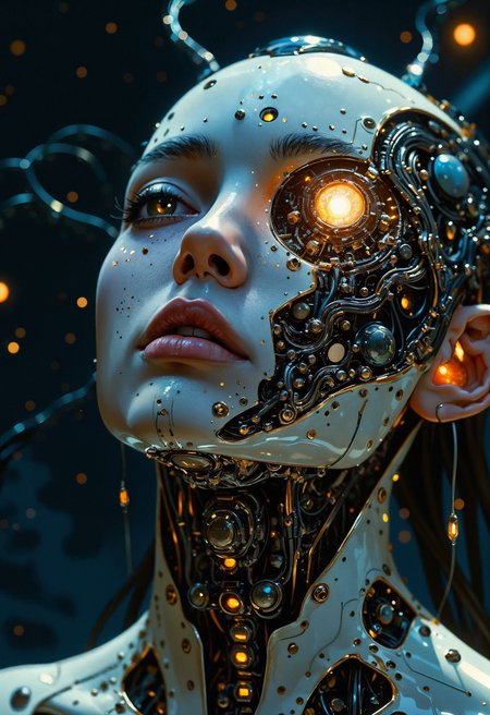 (in Junji Ito style:1.2), high-quality, masterpiece, a Photo of a female android with one side of her face missing, revealing intricate wires and circuits, distant stars reflected in her eyes, Style is Hyperreal with subtle cosmic elements, Lighting is Dramatic, Backlit, high dynamic range, low-angle shot, futuristic, (elaborately detailed attire with extraordinary elements:1.1), (hyperdetailed:1.1), (intricate details:1.0), (Refined details:1.1), (best quality:1.1), (high resolution:1.2)