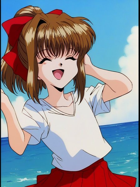 score_9, score_8_up, score_7_up, source_anime, rating_explicit, BREAK  <lora:Imouto_SG_XL:1>Imouto_SG, brown hair, short hair, hair bow, closed eyes, red bow, ponytail, bangs, flat chest, short stack, solo,
smile. white short sleeve. red skirt, standing, open mouth,
looking at viewer, 
cowboyShot,
outdoor, sky,