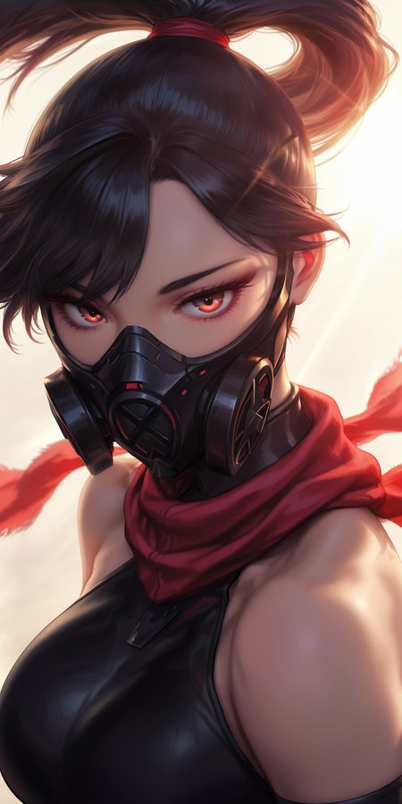 {{amazing quality, best quality, high quality, very aesthetic}}, 1girl, solo, looking at viewer, simple background, looking at viewer, long hair, black hair, high ponytail, asymmetrical bangs, red eyes
BREAK
breasts, large breasts, black leotard, halterneck, black elbow gloves, red scarf, respirator, bare shoulders, portrait, eyelashes, turtleneck, upper body, dramatic lighting, backlighting
 <lora:Artgerm_Illustration_Illustrious:0.9>