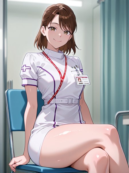 masterpiece, best quality, amazing quality, very aesthetic, absurdres, newest,shiny skin anime screenshot,  anime coloring,     <lora:PoppyIllust:1>1girl, solo, brown hair,  karinoasuna,brown_hair, short hair, nurse, id card brown_eyes smile looking at viewer, sitting crossed legs, thick thighs,