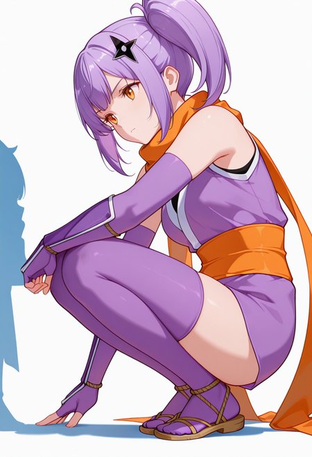 masterpiece,high quality details, absurdres,
elegant silhouette,one hand on the ground,squatting position,
 <lora:Satoko_Kusagakure:0.9>
satoko_cnr, 1girl, purple hair, long hair, side ponytail,orange eyes,hair ornament,sidelocks,enh_cnr,
satoko_s1, ninja, japanese clothes,short kimono, sleeveless, sash, scarf, purple thighhighs, sandals, fingerless gloves, elbow gloves,, simple background, white background, sideways,solo,, in heat,serious,, 0 0,