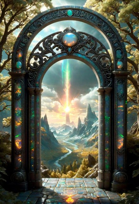 Hyperrealistic art, lush green wooded mountain pass landscape, a fantasy glowing Vivid multi-colored Runes covered ((silver)/(black ral-opal)) Circular gate (portal:1.3), a detailed matte painting by Mike Winkelmann, cgsociety, fantasy art, blue sky, Extremely high-resolution details, photographic, realism pushed to extreme, fine texture, incredibly lifelike