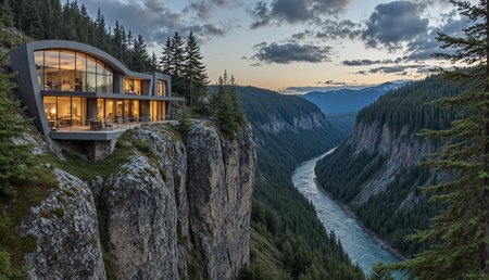 A detailed high photo. aidmafluxpro1.1, aidmarealisticskin,  Cinematic photograph, (full body shot), improved,clip_l.  Finnish women, 40 years old, asymmetrical face, small breasts, asymmetrical facial structure, RAW photo,   A vivid portrayal of a modern architectural structure perched atop a rugged cliff, overlooking a serene river. The structure, with its sleek, curved roof and expansive glass windows, is illuminated from within, casting a warm glow that contrasts with the cool tones of the surrounding greenery. The river below is a tapestry of blue and white, flowing smoothly through the rocky terrain. The surrounding landscape is dense with tall pine trees, and the background reveals a vast expanse of mountains, bathed in the soft hues of a setting or rising sun. The overall mood of the image is tranquil and awe-inspiring, capturing the essence of nature's beauty.   t5xxl.  The eye-catching high-resolution photo is of a Finnish woman in her 40s. The woman has an asymmetrical facial structure and small breasts, which are accentuated by her graceful body structure.  A vivid portrayal of a modern architectural structure perched atop a rugged cliff, overlooking a serene river. The structure, with its sleek, curved roof and expansive glass windows, is illuminated from within, casting a warm glow that contrasts with the cool tones of the surrounding greenery. The river below is a tapestry of blue and white, flowing smoothly through the rocky terrain. The surrounding landscape is dense with tall pine trees, and the background reveals a vast expanse of mountains, bathed in the soft hues of a setting or rising sun. The overall mood of the image is tranquil and awe-inspiring, capturing the essence of nature's beauty. <lora:aidmaFLUXPro1.1-FLUX-v0.3.safetensors:0.35000000000000003:0.35000000000000003> <lora:aidmaRealisticSkin-FLUX-v0.1.safetensors:0.35000000000000003:0.35000000000000003> <lora:AllTheWayAACups_rank16_bf16.safetensors:0.25:0.25> <lora:Eldritch_Photography_for_Flux_1.3.3.safetensors:0.25:0.25> <lora:Adjust_Flux_v.3.safetensors:1.0:1.0>