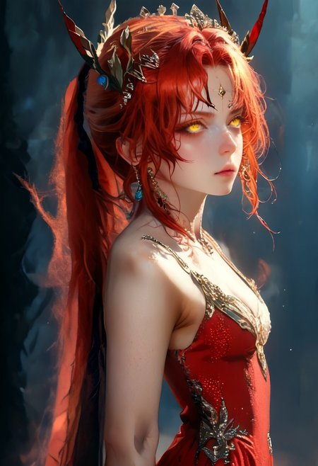 best quality, reality-shot, anime, anime style of a fantastical demon girl with whimsical elements, magical fairytale landscape, elaborate fantasy style art, heliotrope theme, intricate details, ultra sharp, exquisite detail, flawless composition, vivid colors, masterpiece, exciting background <lora:ProtectorsOfTheNatureXL:1> hknature, red hair, streaked hair, golden eyes, long hair ponytail,  red and black horns, spiky horns,  negative_hand,