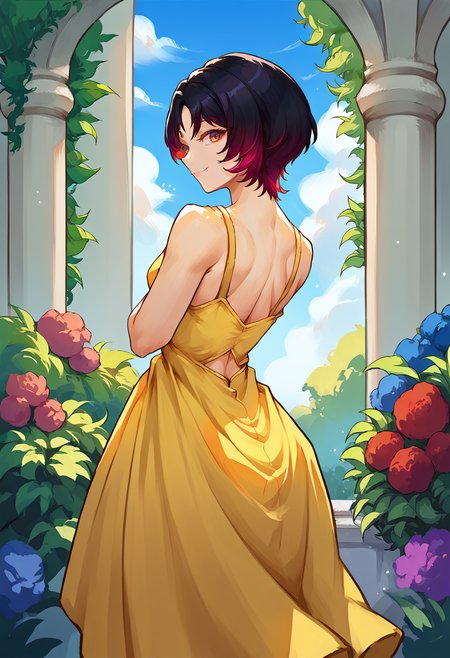 score_9, score_8_up, source_anime, 1girl, solo, KisaragiRen, multicolored hair, short hair, parted bangs, from behind, yellow sundress, garden, day, sunshine, smile, looking back, <lora:ChamKisaragiRenPonyXL:1>