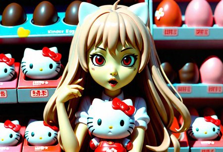 hello kitty kinder eggs (on toy shop) ( 1 woman asian whit hair red,,cute face, asuna yuuki face , eating chocolate)