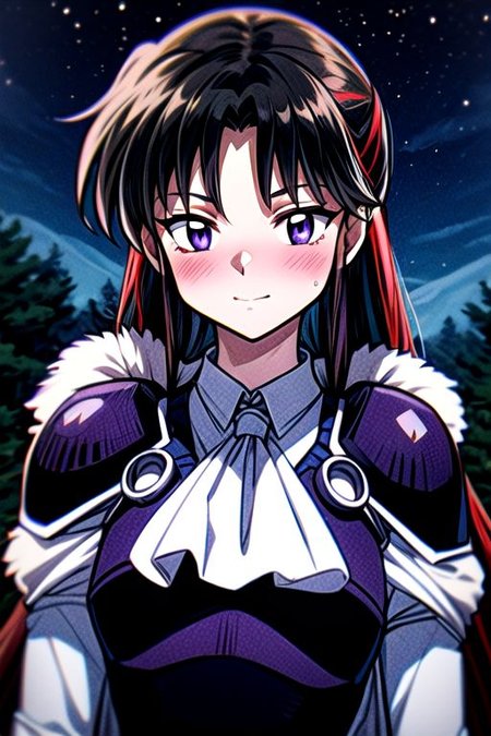 masterpiece,  best quality 1girl Setsun4 solo long hair,  (night time) forest background black hair very long hair purple eyes multicolored hair armor (fur trim) (medium body),<lora:EMS-179-EMS:0.800000>,<lora:EMS-293862-EMS:0.800000> bow, hair_bow, hair_tubes, red_bow, brown_hair, long_hair, bangs, ascot, frilled_bow, yellow_ascot, blush, smile, hair_between_eyes, athletic, armor, miko