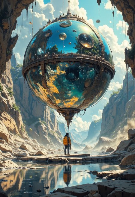 A giant mercury sphere of 3 meters that reflects its surroundings. It floats in the air 1 meter in a steampunk spaceship. Everything around it is reflected in the reflection. aidmaMJ6.1