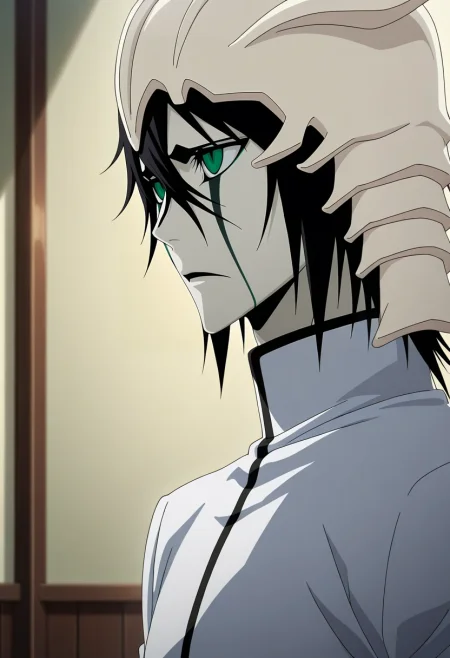 masterpiece, best quality, , anime screencap, , , , , 1boy, solo, male focus, <lora:ulquiorra_cifer_ilxl:0.9>, ulquiorra_cifer, black hair, green eyes, facial mark, hair between eyes, arrancar, mask, short hair, ,