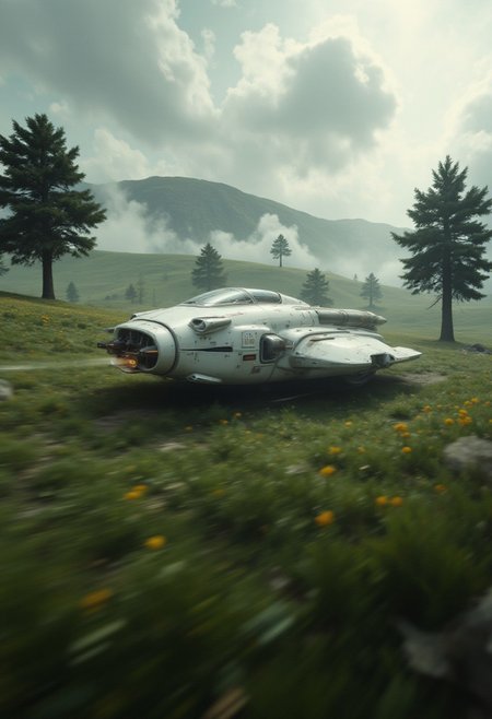 close up of a futuristic space ship passing by, with a simple Dieter Rams design, hovering across an epic lush grass plains scene dotted with a few large trees, the feel of speed is extreme, motion blur, white and black colors with some orange accents, high depth of field, dramatic light, cinematic scene