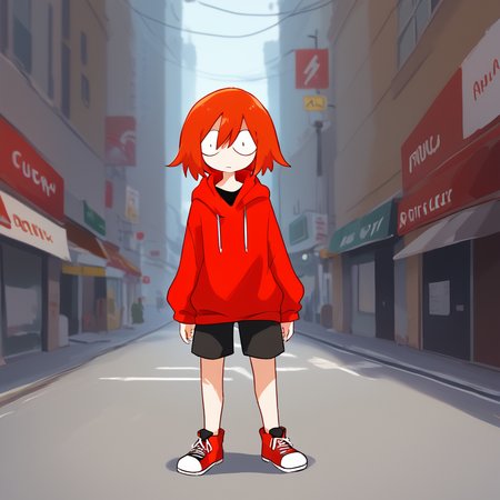 <lora:Meme-chan:1> red hair, red hoodie, short hair, black shorts
