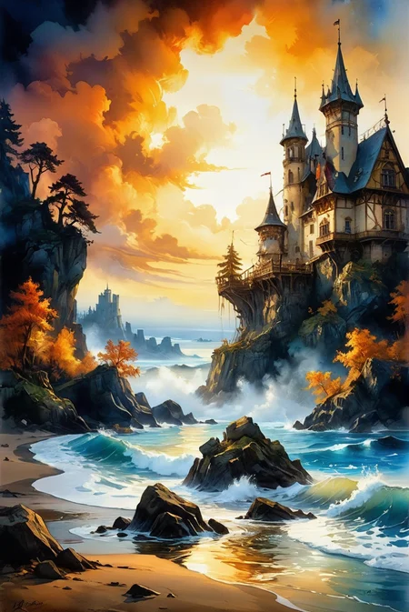 Hyperrealistic dreamscape watercolor painting in 32k resolution, capturing the essence of a masterpiece with hyper-detailed and ultra-realistic elements. This artwork embodies perfect composition and chiaroscuro, reminiscent of Rembrandt's style. It blends fantasy imagery with the concept art brilliance of Jarek Kubicki, Raphael Lacoste, John Pitre, Karine Eibatova, Ralph Blakelock, Julie Bell, Jim Warren, and Aleksey Savrasov. The painting is vibrant and beautiful, showcasing painterly techniques with detailed and textural artistic quality. It exudes a surreal, ethereal, and dreamy atmosphere, mysterious and fantastical, with extremely high-resolution details and photographic realism pushed to the extreme, achieving an incredibly lifelike and fine texture.
hyperrealistic dreamscape watercolor painting, 32k resolution, masterpiece, hyper-detailed, ultra-realistic, perfect composition, chiaroscuro, fantasy imagery, concept art, vibrant, beautiful, painterly, detailed, textural, artistic, surreal, ethereal, dreamy, mysterious, fantasy, highly detailed, extremely high-resolution details, photographic realism, fine texture, incredibly lifelike.
<lora:add-detail-xl:1.0>,
<lora:EnvyBetterHiresFixXL01:1.0>,
<lora:extremely_detailed:1.0>, extremely detailed,
<lora:EldritchMixIllustration_1.1:0.6>,
<lora:watercolor:0.5> watercolor,
<lora:EnvyInkSwirlXL01:0.25> swirling ink,