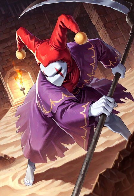 score_9,score_8,score_7,source_furry, (masterpiece, best quality, high quality:1.2), detailed hands,character focus, detailed skins, body blush, cinematic shadow, character focus, ultra detailed background, 
dutch angle, from below,
<solo:1.5>, <1boy:1.5>, (anime:3.5), (official:3.5), (dynamic pose:1.8), attacking,
chariotsaga, 1boy, solo, male focus, 
jester, red headwear, looking at viewer, white skin, jester cap, pom pom (clothes), (faceless mask:1.2), facepaint, hat, robe, purple robe, torn robes, long sleeves, wide sleeves, barefoot, light gray color nails, holding, scythe, weapon, holding scythe, holding weapon,  
ancient ruin background, indoor, dark orange stone wide rooms, torch wall, darkness, sand, desert,