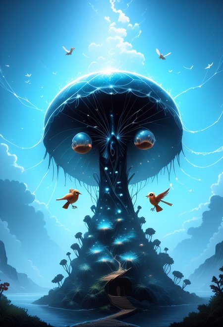 masterpiece, best quality, good quality, very awa, newest, highres, absurdres, ,score_9, score_8_up, score_7_up, 
Giant translucent jellyfish drifting through the clouds, soft bioluminescent glow illuminating the mist, with tiny birds perched on its tendrils
<lora:illustriousXL_stabilizer_v1.23:0.3> <lora:NOOB_vp1_detailer_by_volnovik_v1:0.3> <lora:ponyv6_noobE11_2_adamW-000017:0.3> <lora:114558v4df2fsdf5:0.7> <lora:mon_monmon2133:0.6>