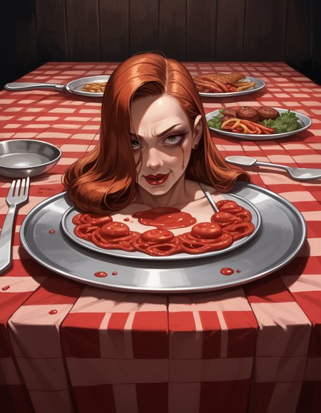 score_9, score_8_up, score_7_up, score_6_up, score_5_up, score_4_up, hud_h3ad_platt3r, solo, 1girl, jessica rabbit, table, tray, severed head, horror (theme), blood, tablecloth, <lora:headonaplatter:1>, knife, fork, spoon, spaghetti and meatballs,