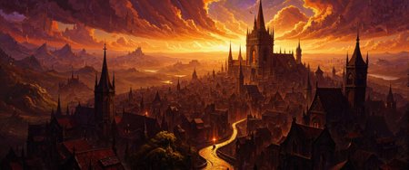 Hauntingly beautiful aerial view of a medieval city silhouetted against a dramatic sunset. The ancient spires, bell towers, and tiled rooftops create gothic silhouettes against a sky blazing with amber, crimson, and violet gradients. Golden sunlight filters through drifting mist, casting bronze reflections on winding cobblestone streets. Church windows glint like jewels while ornate stone gargoyles perch on cathedral buttresses. Castle battlements and crumbling city walls define the outer boundaries, with rolling countryside beyond. Soft rays penetrate gaps between buildings, creating dramatic god rays. Distant storm clouds add dramatic depth with purple-tinged edges catching final light. Impressionist brushwork style with textured impasto technique capturing light's dance across ancient architecture. Ultra-detailed, cinematic 8K, golden ratio composition, nostalgic atmosphere with emotional warmth. <lora:DND_GRAINYBOYZ_FG_FLUX_V2_ROMULUS_Lora:0.8> <lora:bm-goth_epoch_1:0.8> <lora:ç»ªå¿ CGé£æ»¤éFLUX:0.4> <lora:FLUX-daubrez-DB4RZ:0.7> <lora:RetroAnimeFluxV1:0.1> <lora:flux_dev:1>