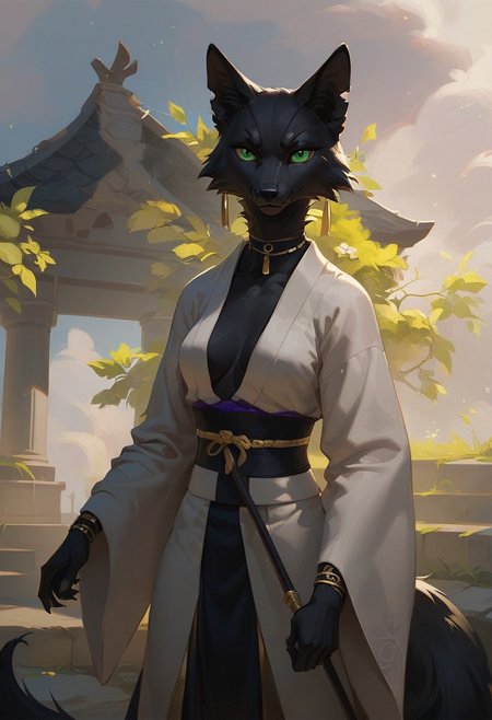 score_9, score_8_up, score_7_up, (1girl), solo Black furry fox  green eyes, dressed in a white and black men's kimono. The fur on the ears and tail is yellow (gold) at the very end. He stands with a staff in a fighting stance. a calm expression on his face. an abandoned Japanese temple. A bright day . Front flare lighting